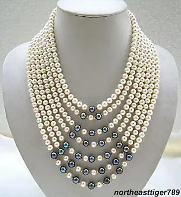

Hot sale Free Shipping>>>>Stunning 7 Rows Real Black White Pearl Beads Wide Necklace