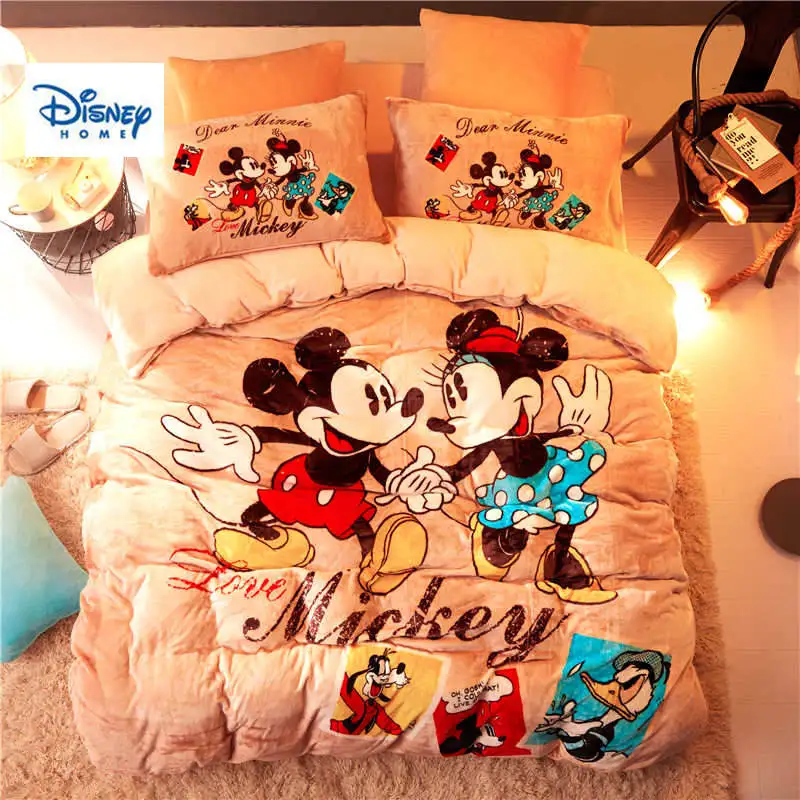 Couple Flannel Fleece Mickey Minnie Mouse Comforter Bedding Set