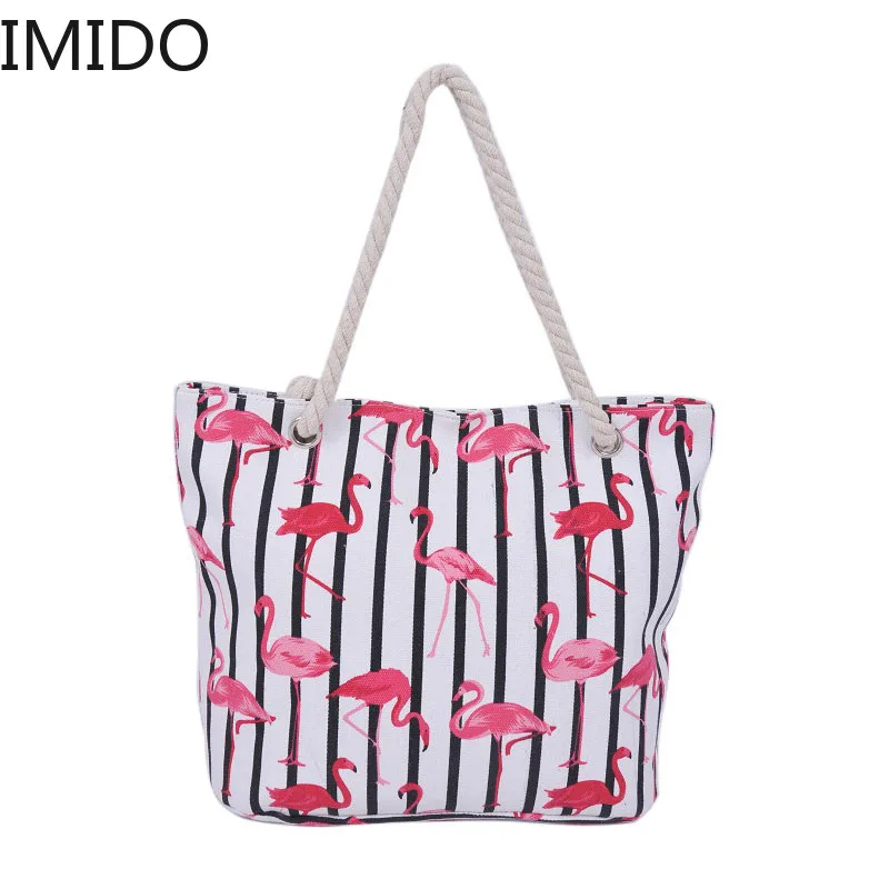 

IMIDO Flamingo Striped Printing Canvas Shoulder Bag Women Casual Summer Beach Bag Girls Big Shopping Travel Handbag Bolsa Luxury