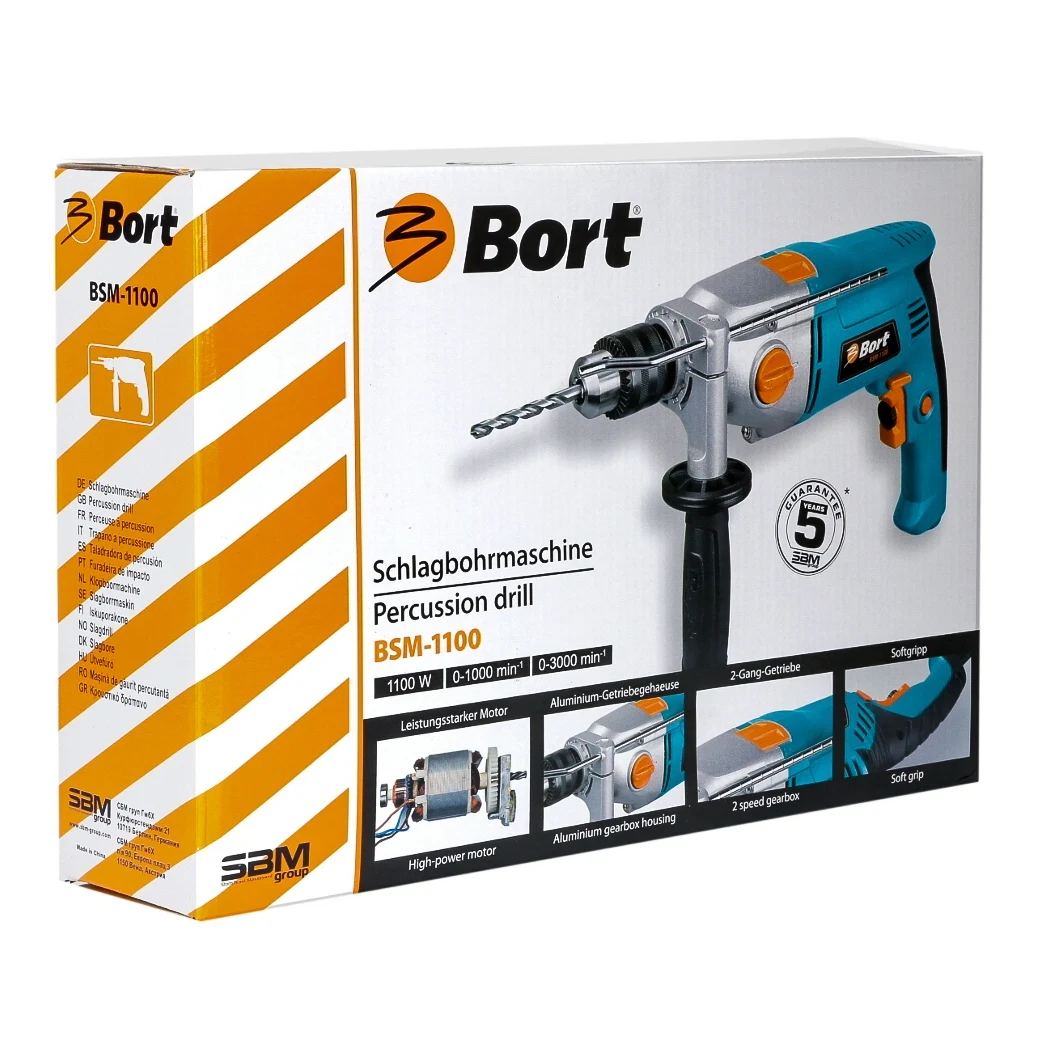 Дрель ударная Bort BSM-1100 (мощность 1100 Вт, стальной корпус редуктора, реверс)