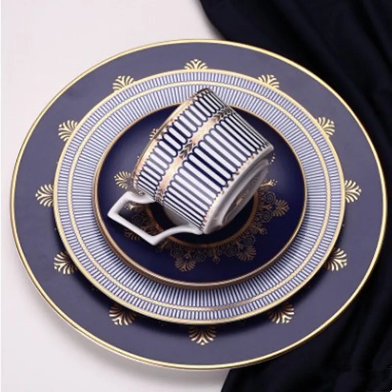 

Ceramics Blue Flat Plate Elegant Bone China Platter Porcelain European Style Dinner Dish Cup And Saucer Home Decoration 1 Pcs