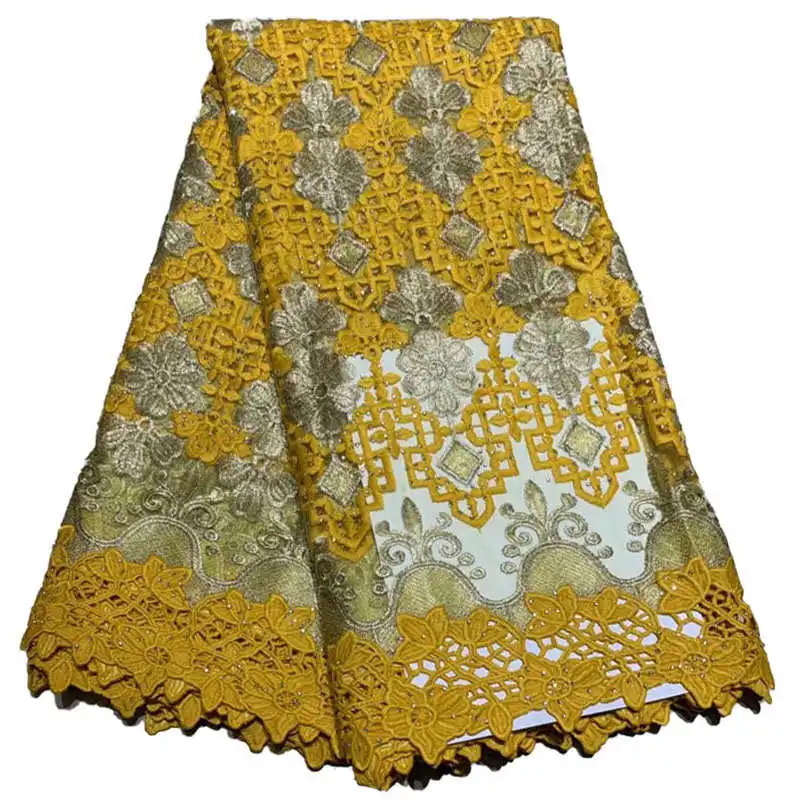 

African french Yellow tulle lace fabrics 2019 High Quality with Rhinestones Nigerian Embroidery French tulle lace fabrics JSC03