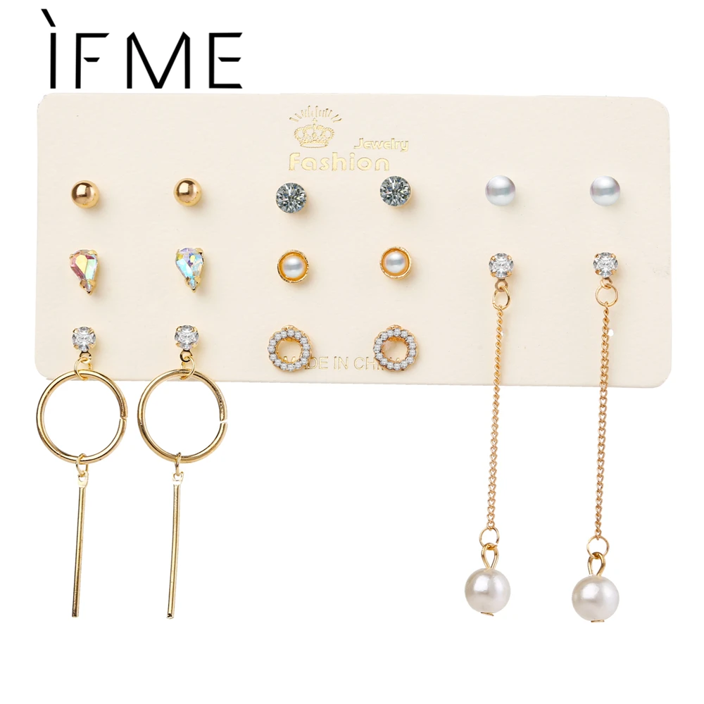 

IF ME Fashion Crystal Stud Earrings Set for Women Trendy Gold Color Geometric Round Simulated Pearl Hang Brinco Jewelry 2018 NEW
