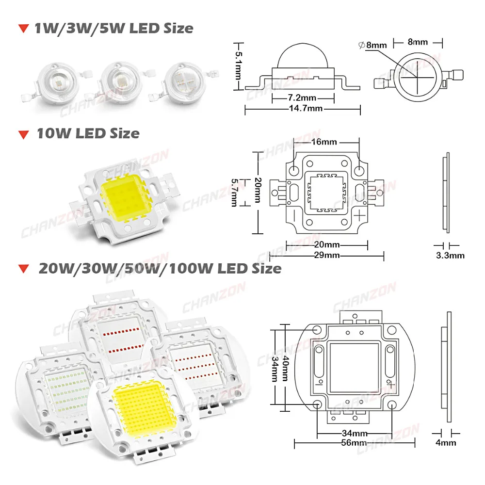 Высокая мощность светодиодный чип 1 Вт 3 Вт 5 Вт 10 Вт 20 Вт 30 Вт 50 Вт 100 Вт Теплый Холодный белый красный зеленый синий желтый SMD свет шарик 1 3 5 10 20