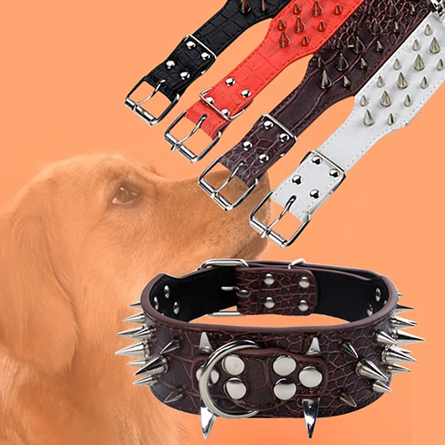 New arrival! Wide Sharp Spiked Studded Faux Leather Dog Collar for