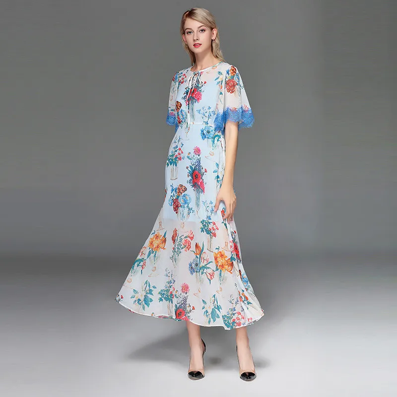 

High Quality Maxi Dress New Fashion 2019 Women Two Dress Suit Bow Spliced Lace Short Flare Sleeve Floral Print Long Dresses