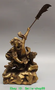 

14"Chinese Bronze Warrior War Guan Gong Dragon Lion Guan Yu Sword Buddha Statue