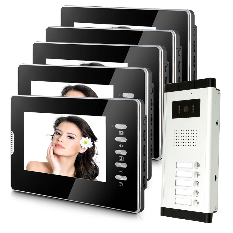 

Brand New Apartment Intercom Entry System 5 Monitors Wired 7" Color Video Door Phone intercom System for 5 house FREE SHIPPING