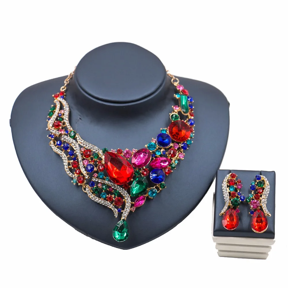 

Fashion 6 Colors Wedding Jewelry Sets For Brides Bridesmaid Prom Party Trinket Rhinestone Crystal Bridal Necklace Earrings Set