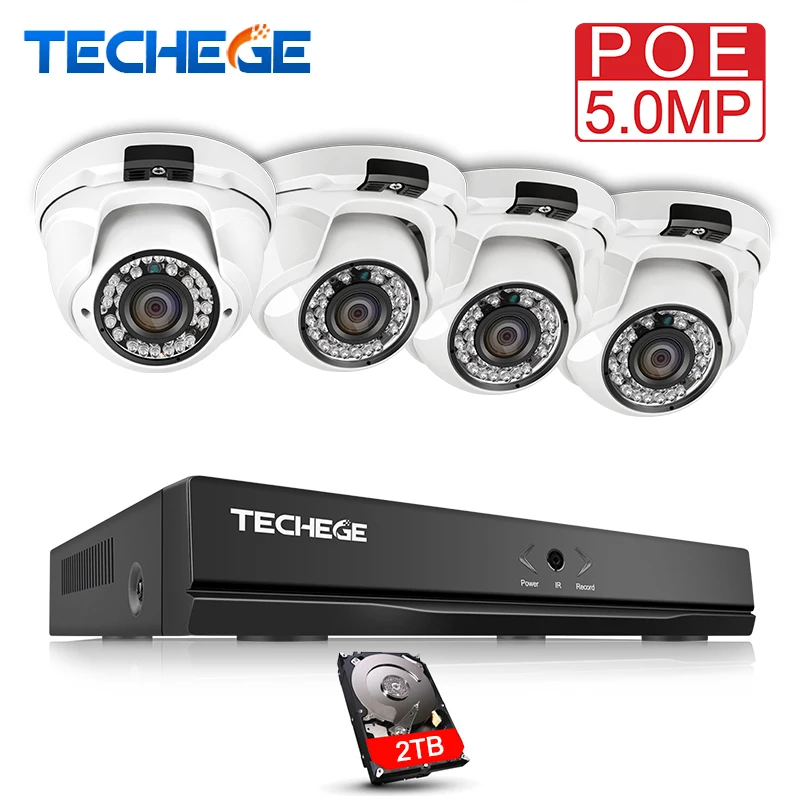 Vente Techege H.265 4CH CCTV Système 5MP 2592*1944 POE IP Caméra Étanche Onvif Détection de Mouvement Alerte Email Caméra de Surveillance kit
