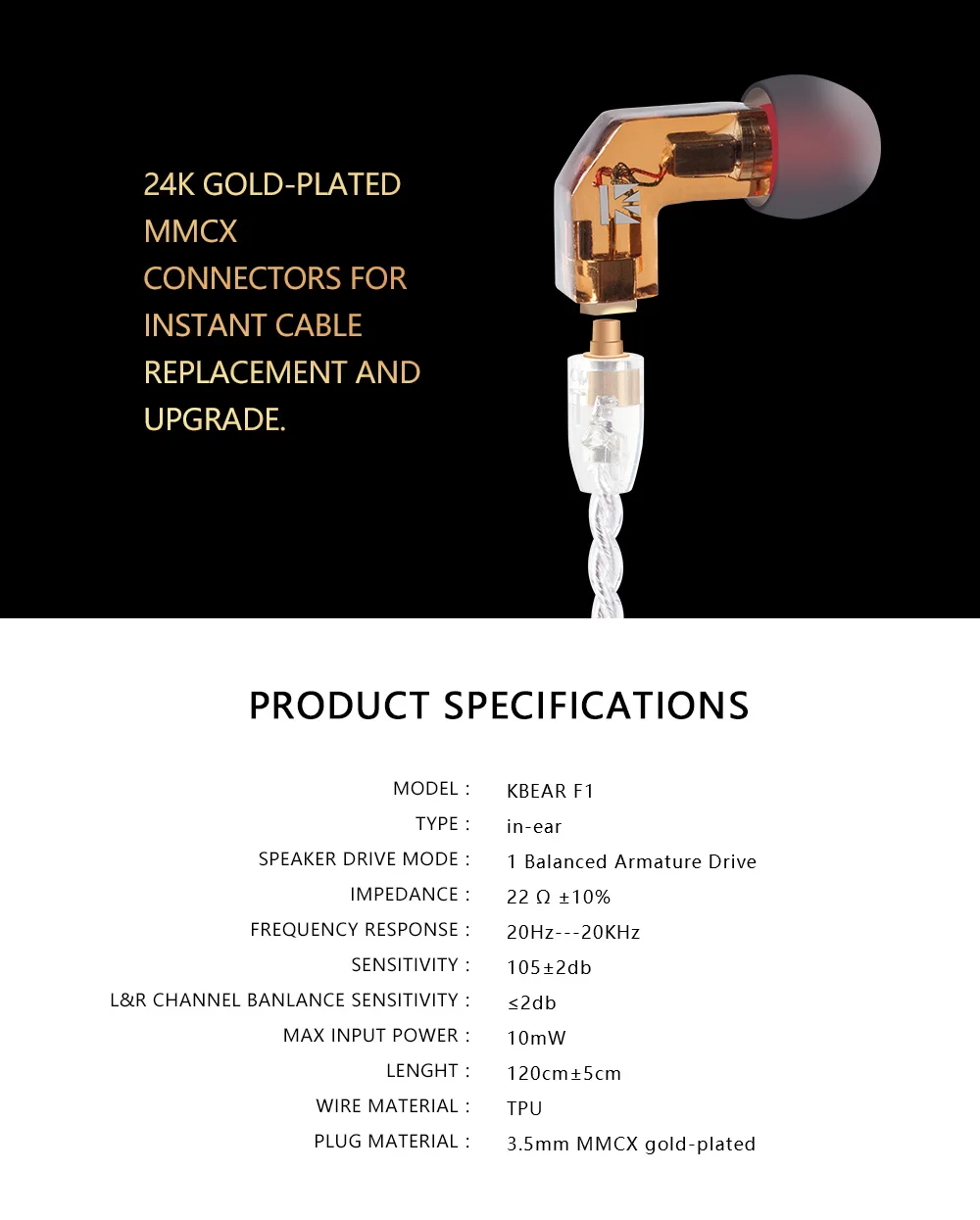 AK KBEAR F1 Balanced Armature in Ear Earphone Bass DJ Running Sport Technology HIFI Headset with 3.5mm MMCX Earbud KEEAR Opal