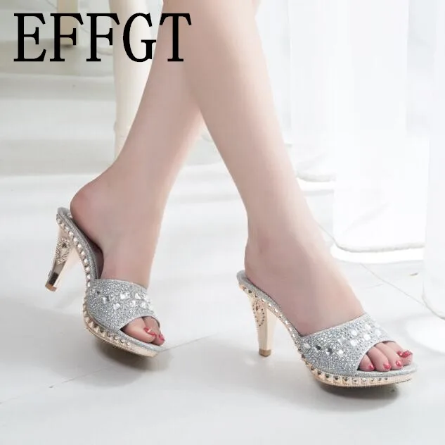

EFFGT Women Slippers Sandals High Heels Summer Party Shoes Ladies high Heels Slippers Women Shoes crystal Women's Sandals