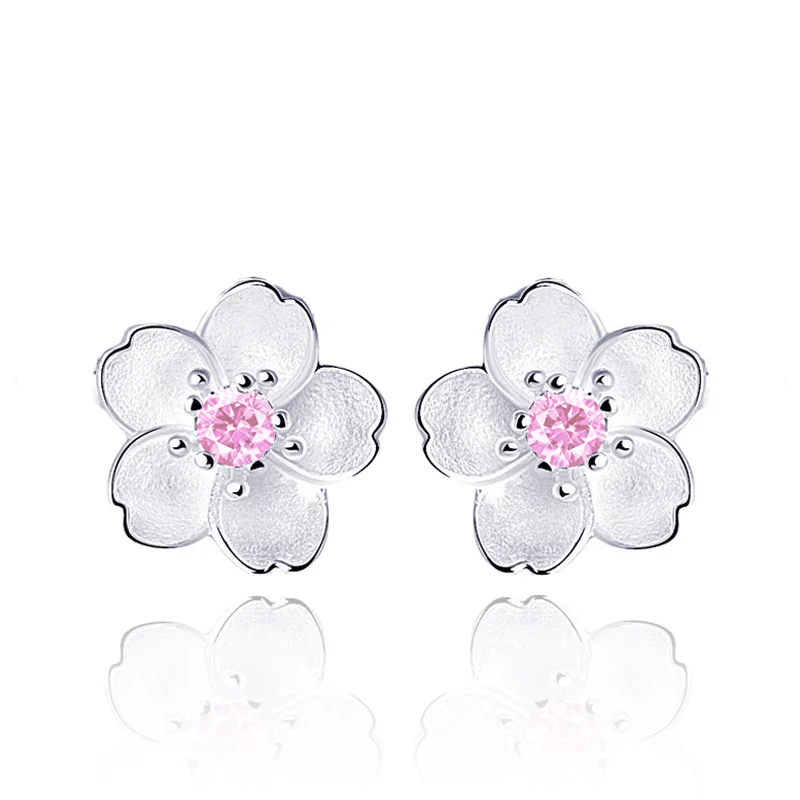 

Beautiful Cherry Blossoms Flower Earrings for Women Silver Plated Purple Pink Rhinestone Stud Earrings Fashion Jewelry