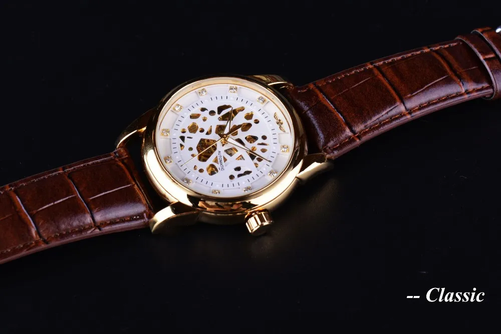 Winner Скелет автоматические механические часы высокого класса кожаный ремешок золотые часы мужские часы лучший бренд класса люкс Erkek Saat мужские часы