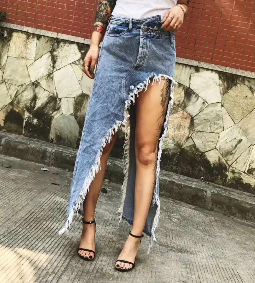 

Summer Street Style Individual Hole Denim Skirt Women Ripped Irregular Jean Streetwear Skirts