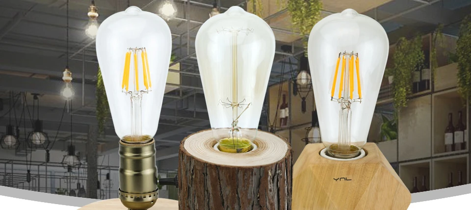 Lâmpada de Mesa Suporte da Lâmpada Luz da Noite Edison Lâmpada Incandescente Cabeceira Café Retro Vintage Diamante Madeira Maciça ue - Eua Plug Ynl E27 3 Luminárias de mesa