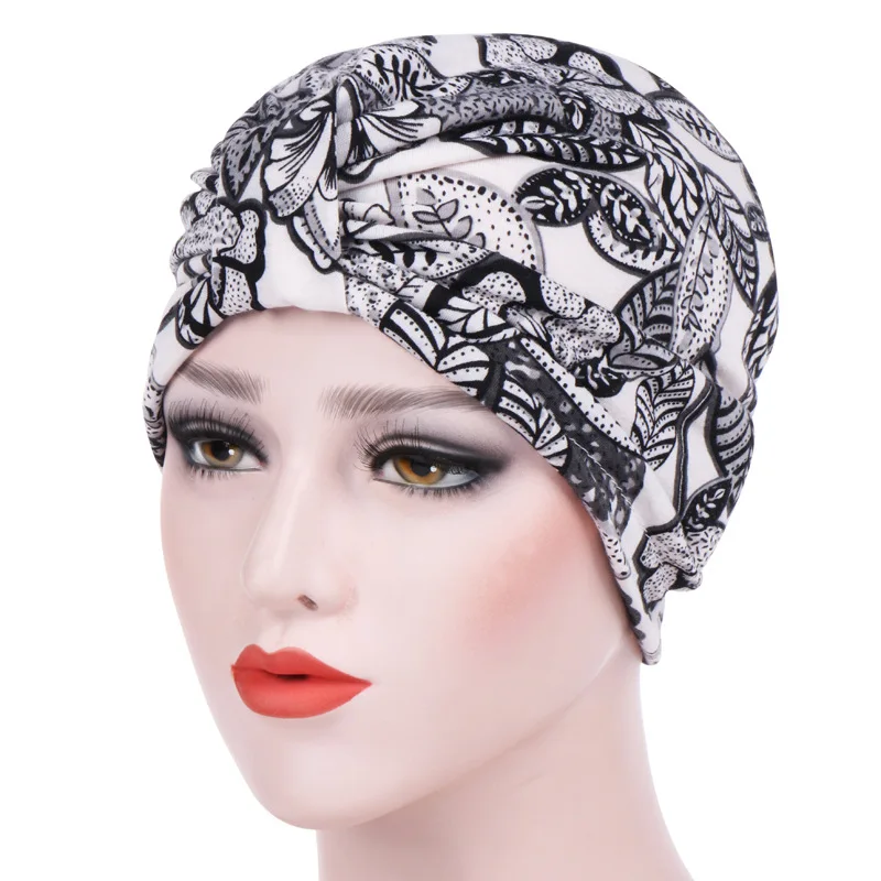 

New Muslim Elastic Women Print Flower Knot Cotton Ruffle Turban Hat Chemo Beanie Cap Head Wrap Hairband Cancer Hair Accessories
