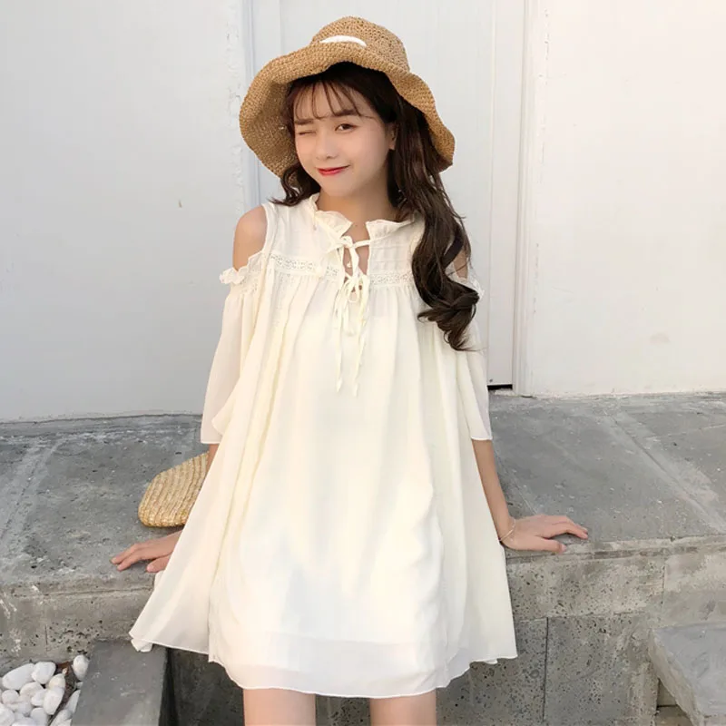 

Summer Lace Stitching Off Shoulder Women Dress Solid Color Chic Tie Bow Cotton Student Dress Casual Loose Collar Strapless Dress