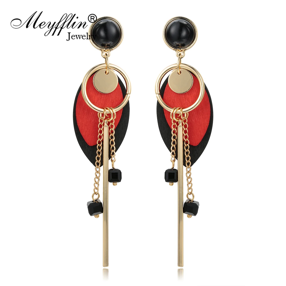 

Meyfflin 2019 New Fashion Tassel Statement Earrings for Women Green Red Wood Oval Drop Long Earring From Korean Earings Jewelry