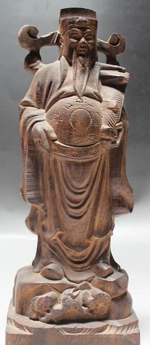 

11.5" Chinese FengShui Wood Stand Mammon Money Wealth God Hold Ru Yi Statue R0709