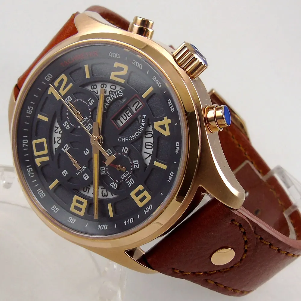 

NEW Arrival 43mm PARNIS black dial sapphire glass date day Luxury Brand rose golden plated case quartz movement Men's Watch
