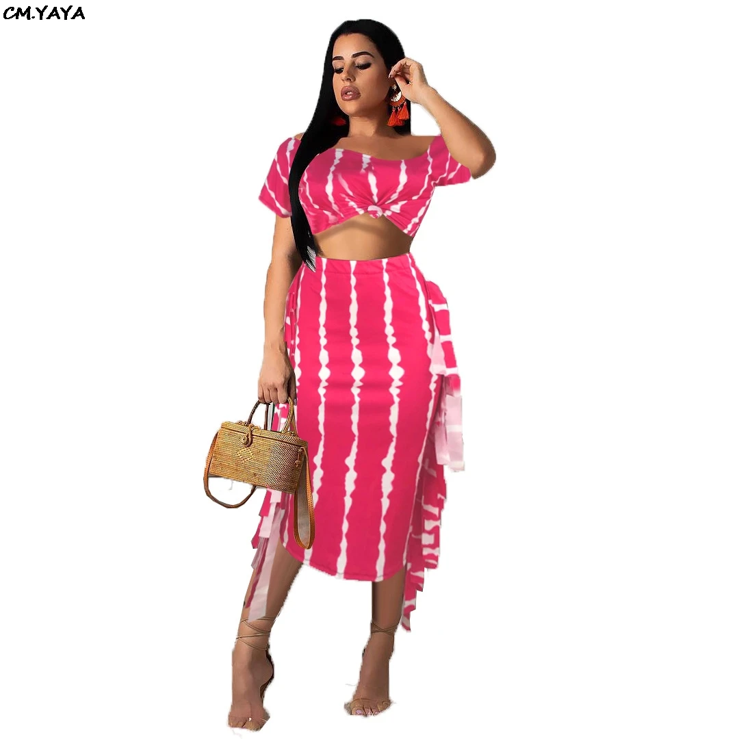 

New women off shoulder stripes short sleeve tee top ruffles side midi skirts suit 2pcs set bodycon dress outfit tracksuit YT3105