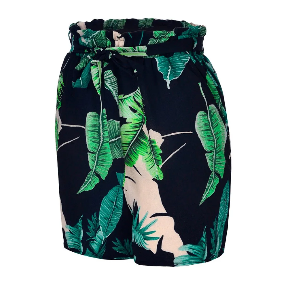 Богемные с поясом бумажный мешок талии Тропический Принт шорты женские 2019 пляжные каникулы повседневные эластичные талии летние шорты
