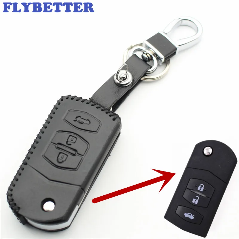 

FLYBETTER Genuine Leather 3Button Flip Key Case Cover For Mazda RX8/MX5/M2/M3/M5/M6 Car Styling L39
