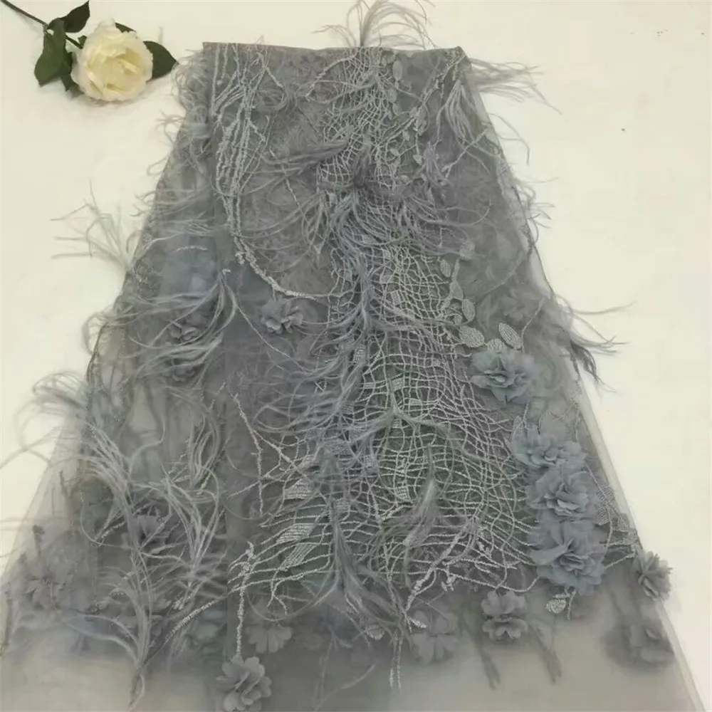 

Stock Pink/Beige/gray heavy big Flower beading handmade 3D flowers feather wedding/evening dress lace fabric HJ344-1