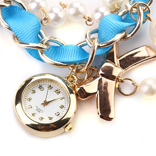 Женские часы с жемчугом, украшенные бантом, кожаный ремешок, Аналоговый кварцевый браслет, наручные часы 2KMC 6T4X 93YN
