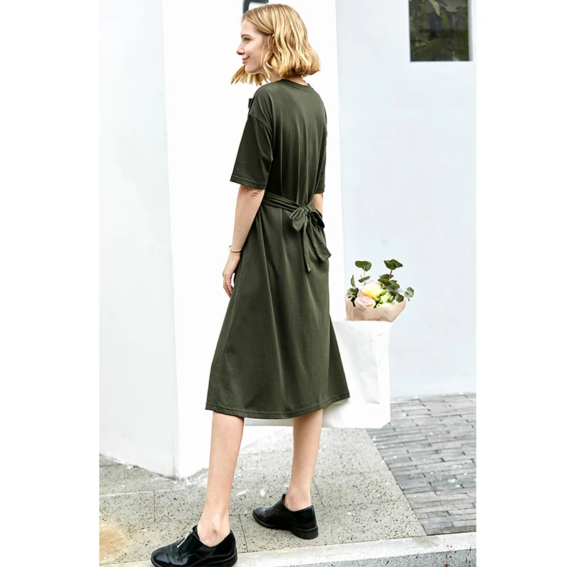 Amii Minimalist Women Dress Spring Summer Causal Solid Short Sleeve Belt Lace Up O Neck Cotton Elegant Female Dress - Цвет: Green Long Dresses