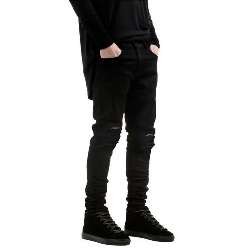 New Black Ripped Jeans Men With Holes 