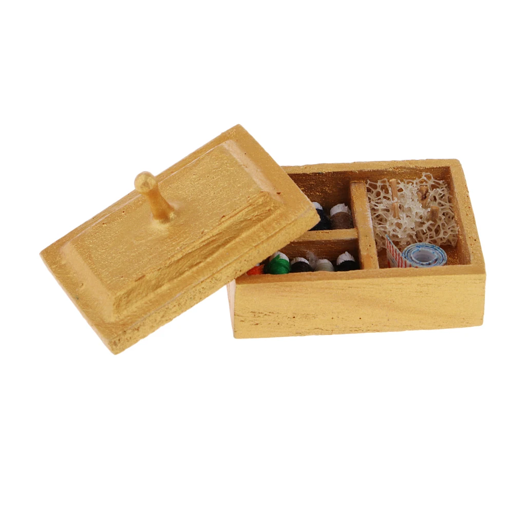 1/12 Golden Sewing Box Set Knitting Threaded Spool Wooden Miniature Dollhouse Life Scenes Decor Accessories