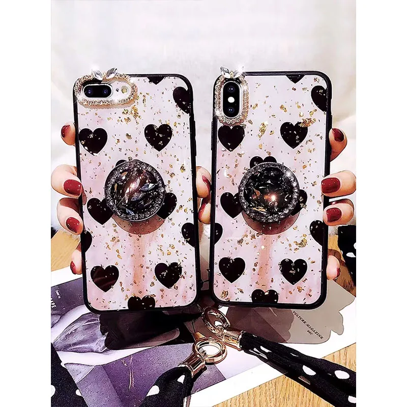 

Cover Case For iPhone X XS XR XsMax Epoxy Gold foil Rhinestone Stand Lanyard Flash lens Phone case For iphone 6 6S Plus 7 8 Capa