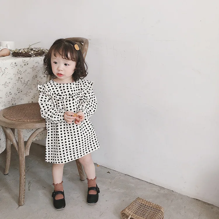 

Spring baby girls cotton linen dot printed long sleeve dresses kids soft all-match princess dress 1-7Y
