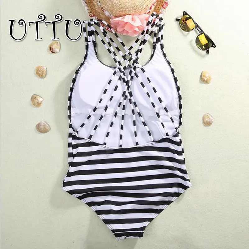 

2018 New Sexy Backless Navy One Piece Swimsuit Women White Black Striped Swimwear Bandage Bathing Suit Cut Out Monokini Bodysuit