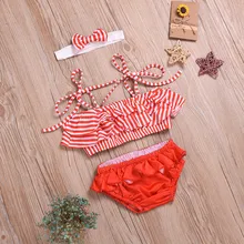 Для маленьких девочек Полосатые Купальники бикини с принтом топы+ пляжные шорты для купания купальник с оборками+ набор для волос Maillot De Bain Enfant Fille
