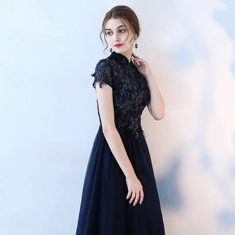 Unique Dark Navy Evening Dresses Long 2019 New Sexy Black Party Evening Gowns High-Neck Tulle Beading Formal Dress High Quality