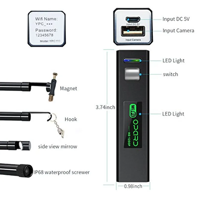 Беспроводной Эндоскоп, HD 1200P Wifi USB бороскоп IP68 Водонепроницаемая Инспекционная камера с полужестким гибким кабелем для смартфона