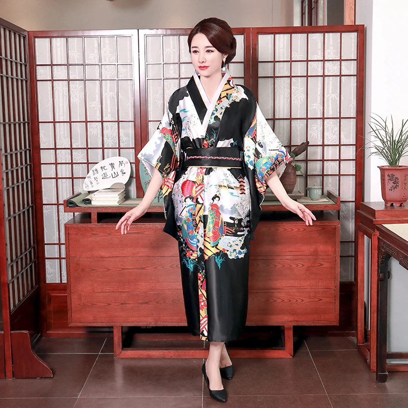 Новинка, женское кимоно купальный халат с цветочным принтом, искусственный шелк, короткая одежда для косплея, сцены, выступления в японском стиле, юката с Obi