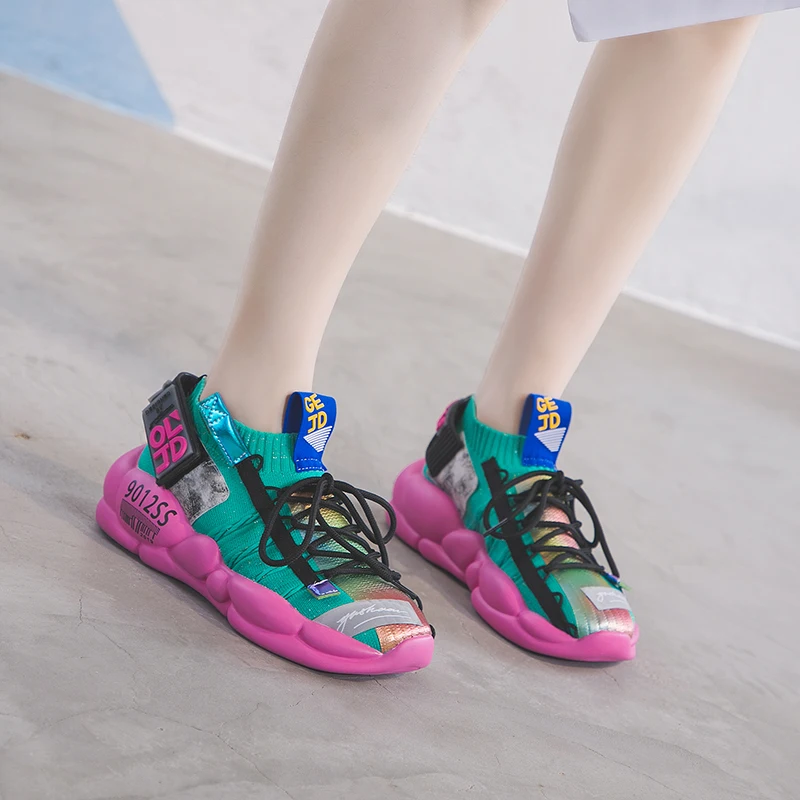 BZBFSKY 2020 New Sneakers Women Chunky White Sneakers Sock Shoes Casual Flats Breathable Soft Luminous Shoes Zapatos De Mujer