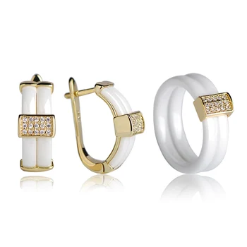 

Dazz Ceramics Jewelry Sets Earrings Ring Zircon Square Double Keramisch Soft Copper Gold Color Max Brincos Ensemble de Bijoux