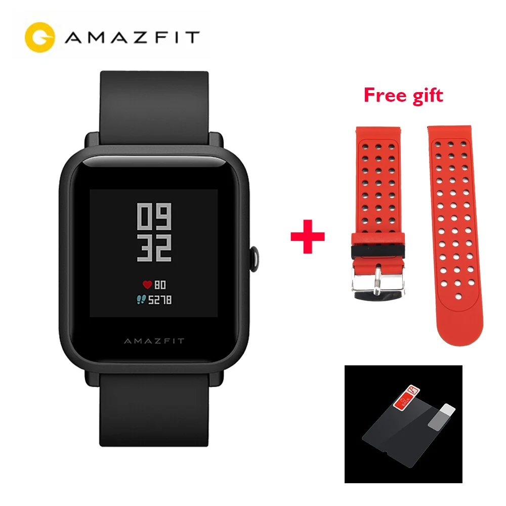 [Бесплатно] глобальная версия Huami Amazfit BIP BIT PACE BEEP gps IP68 Водонепроницаемые Молодежные умные часы 1,2" цветной экран умные часы - Цвет: Black add Red