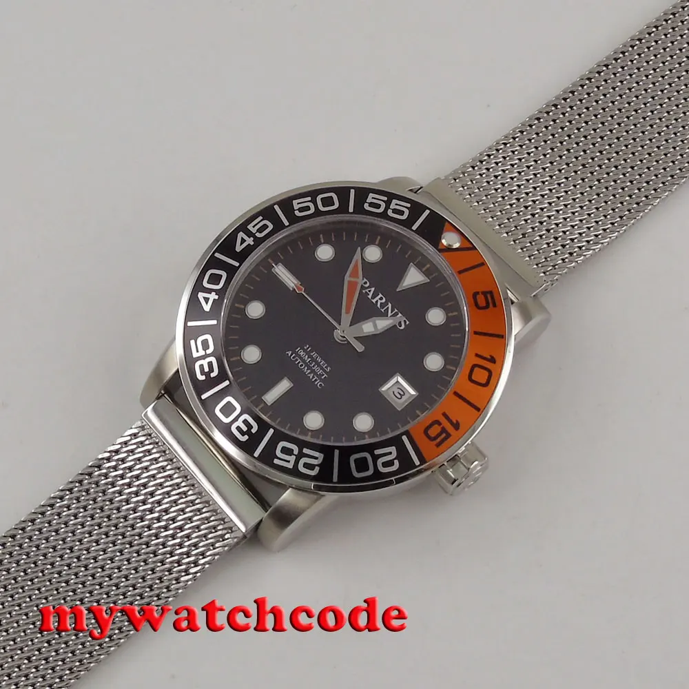  42mm parnis black dial black & orange bezel date miyota automatic mens watch P829