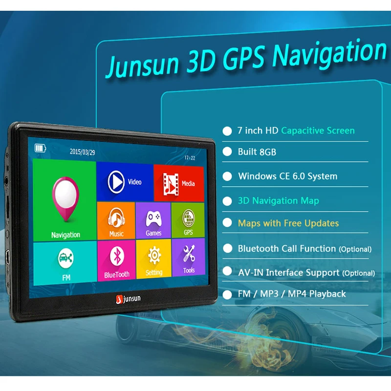 Junsun 7 inch HD Car GPS Navigation FM Bluetooth AVIN Europe Map Free Upgrade Sat nav Automobile Gps Navigators 