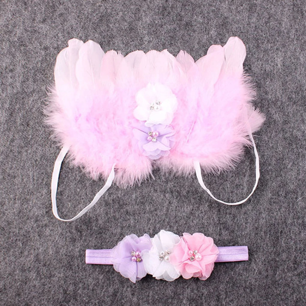 Новорожденный угол крылья из перьев и красочный цветок повязка на голову фотография костюм для фотосессии детская одежда, для грудных детей фотосессии