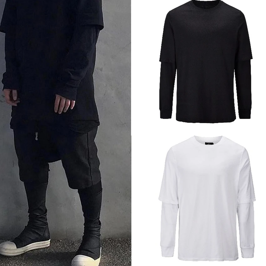 

New High Street Hip-hop Style Fake Two Retro Solid Color Tshirt Long Sleeve with Round Necks Tee Shirt Streetwear for Men Cloth