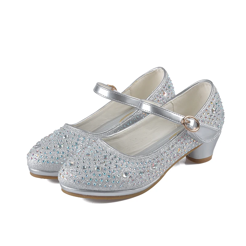 

SKHEK 2019 New Girls Princess Shoes Bowknot Children Princess Sandals Rhinestone High Heels Dancing Kids dress Shoes size 28~37