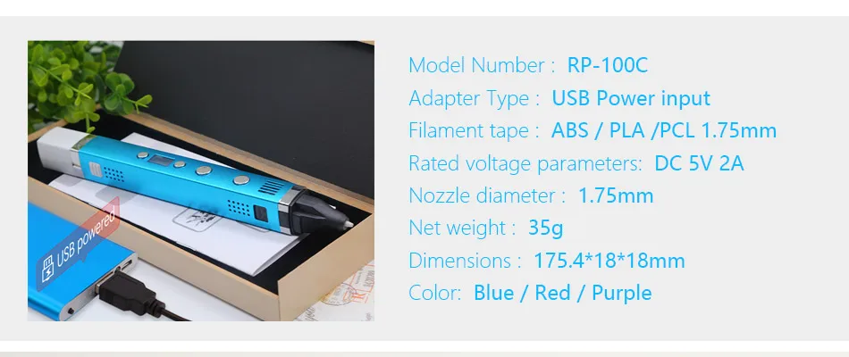 myriwell 3d pen RP100C+PLA 1.75mm filamen 3d print pen metal shell USB power compatible ABS PCL PLA 3 modes