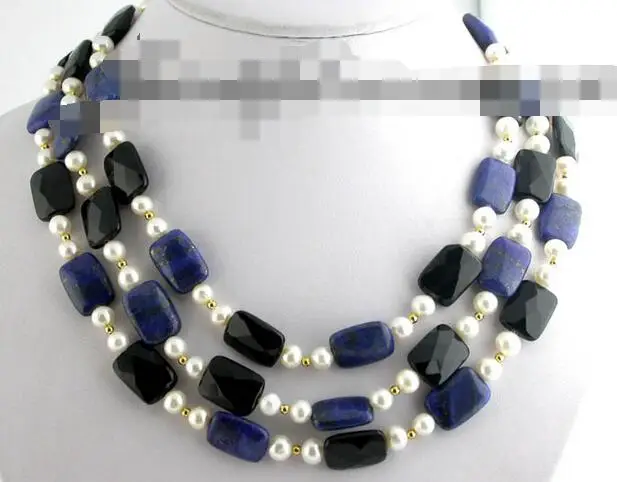 

FREE SHIPPING>@@> 3395 3row nature square lapis lazuli agate white pearl necklace